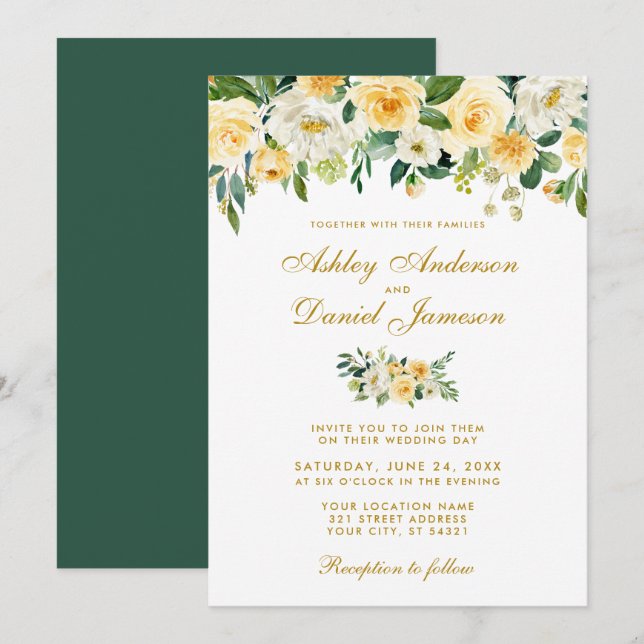 Watercolor Yellow Gold Green Wedding Invitation (Front/Back)