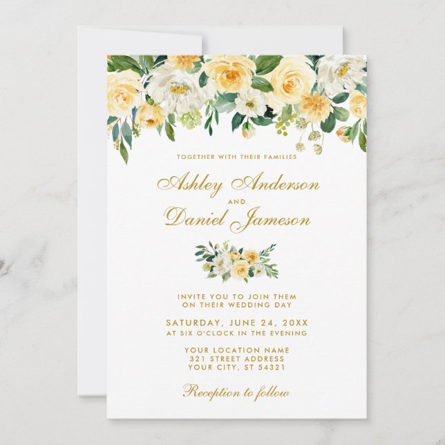 Watercolor Yellow Gold Green Wedding Invitation (Front)