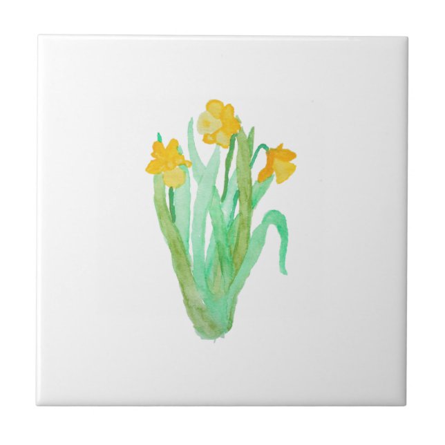 Watercolor yellow green hand painted daffodil tile (Front)