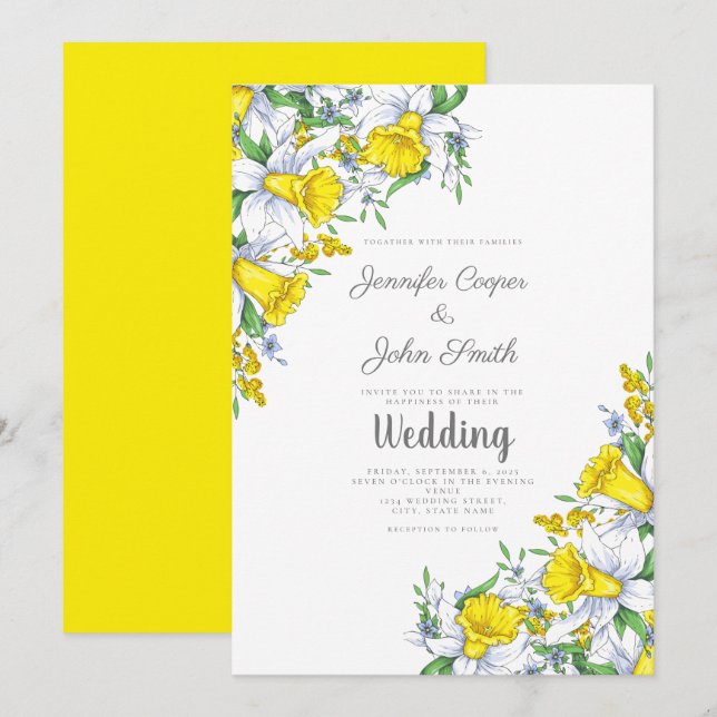 Watercolor Yellow Grey Floral Wedding  Invitation (Front/Back)
