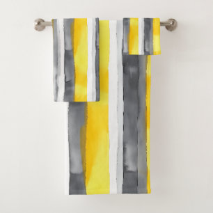 Watercolor Yellow Grey White Striped  Bath Towel Set