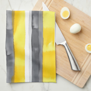 Watercolor Yellow Grey White Striped  Kitchen Towel