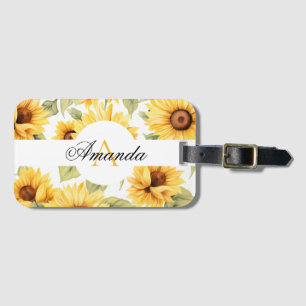 Watercolor Yellow Leafy Sunflower Pattern Monogram Luggage Tag