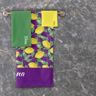 Watercolor yellow lemon green purple pattern name bath towel set