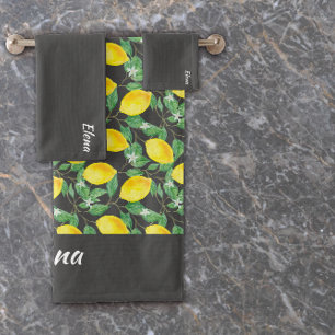 Watercolor yellow lemon grey pattern name bath towel set