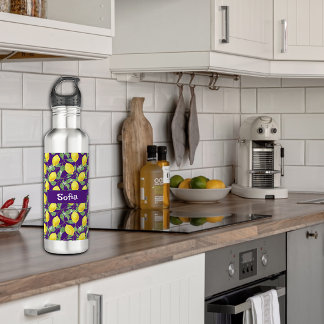 Watercolor yellow lemon pattern name purple 710 ml water bottle