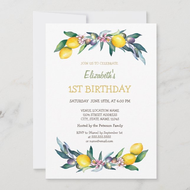Watercolor Yellow Lemons Olives Birthday  Invitation (Front)