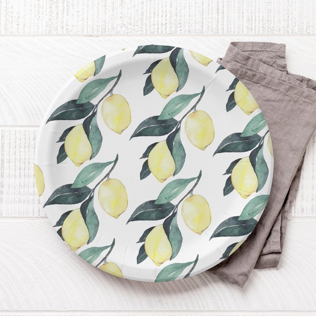 Watercolor Yellow Lemons Seamless Pattern Paper Plate (Creator Uploaded)