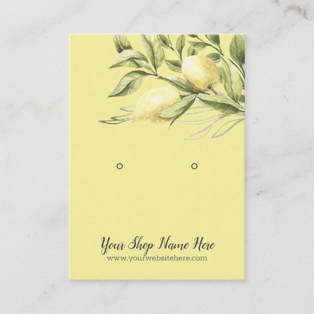 Watercolor Yellow Lemons  White Earring Display Business Card (Front)