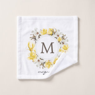 Watercolor Yellow Magnolia Wreath Monogram Wash Cloth