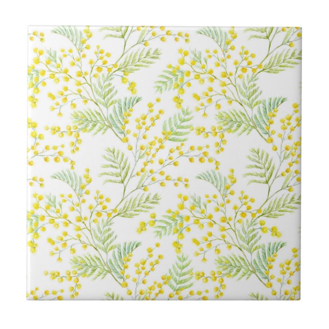 Watercolor Yellow Mimosa Flowers Pattern Tile (Front)