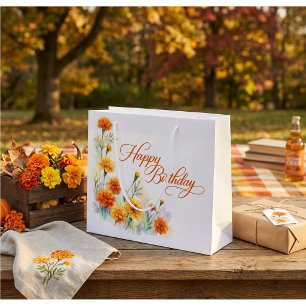 Watercolor Yellow Orange Marigold Happy Birthday Large Gift Bag