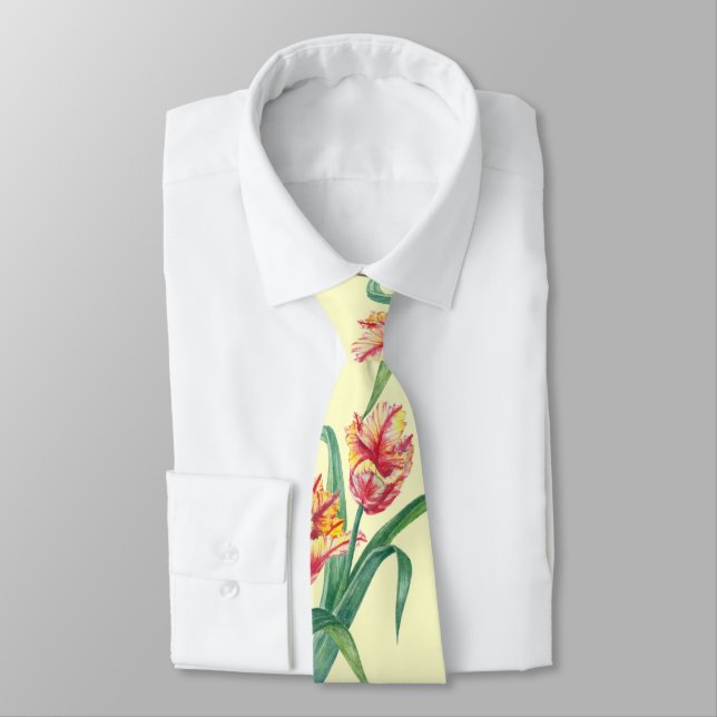 Watercolor Yellow Parrot Tulip Floral Illustration Tie (Tied)