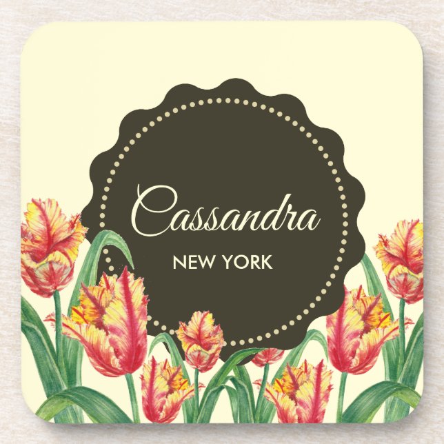 Watercolor Yellow Parrot Tulips Floral Art Coaster (Front)