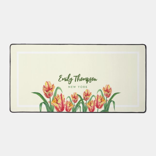 Watercolor Yellow Parrot Tulips Floral Art Desk Mat (Front)
