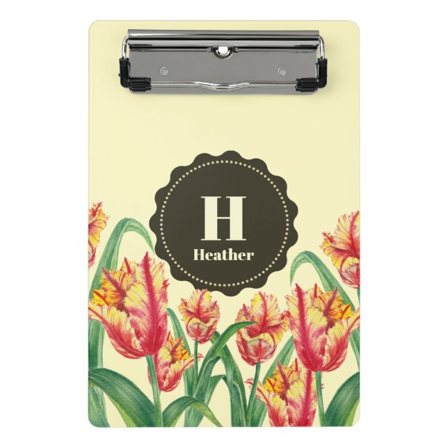 Watercolor Yellow Parrot Tulips Floral Monogram Mini Clipboard (Front)