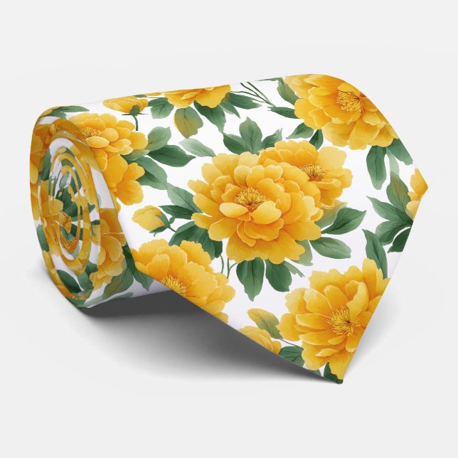 Watercolor Yellow Peony Floral Pattern Tie (Rolled)