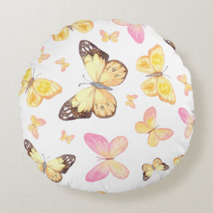 Watercolor Yellow & Pink Butterflies Pattern Round Pillow