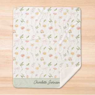 Watercolor Yellow Pink Flower Floral Personalized Sherpa Blanket