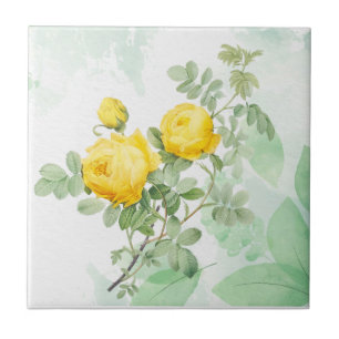 Watercolor Yellow Rose Garden Flower Nature Art Tile