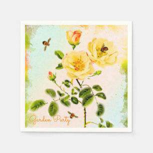 Watercolor Yellow Roses and Bees Garden Party Napkin