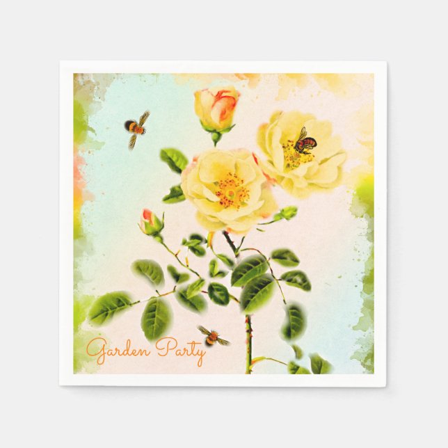 Watercolor Yellow Roses and Bees Garden Party Napkin (Front)