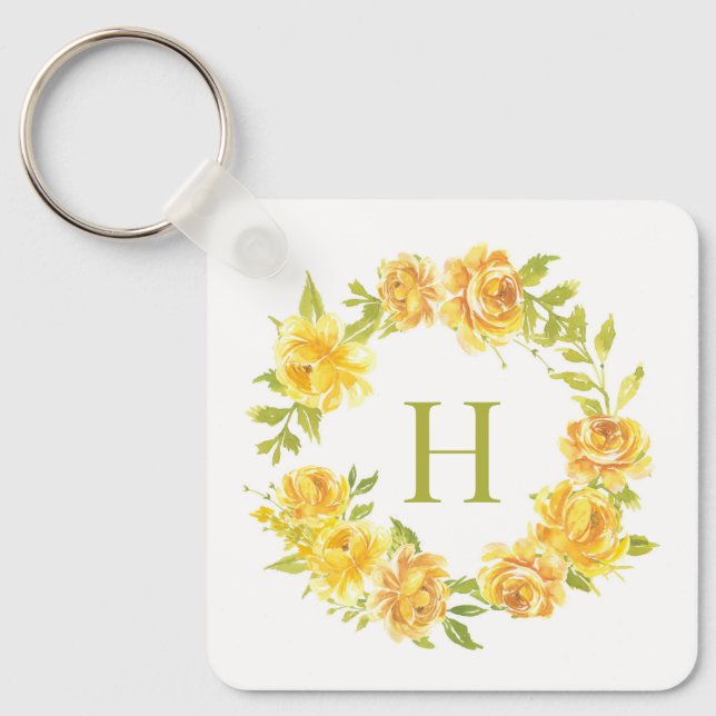 Watercolor yellow Roses Floral Wreath Monogram Keychain (Front)