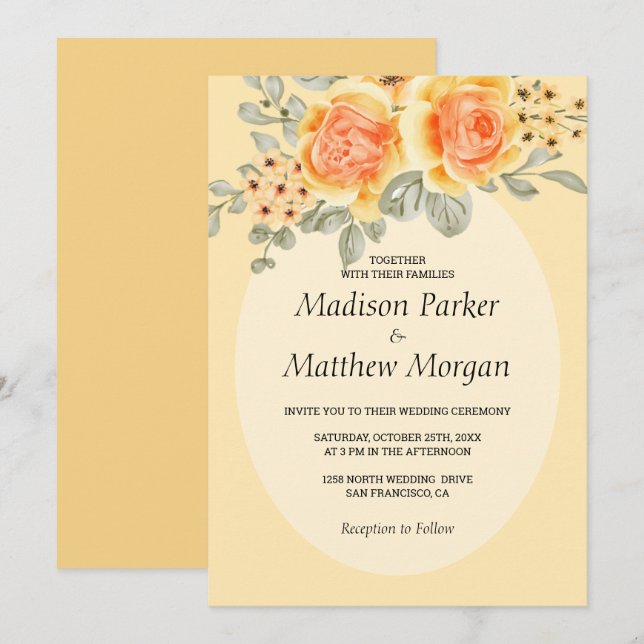 Watercolor Yellow Roses Wedding Invitation (Front/Back)
