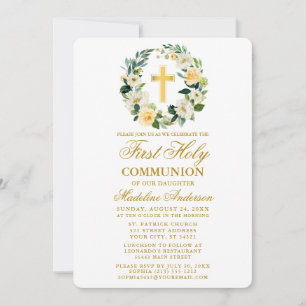 Watercolor Yellow Roses Wreath First Communion Invitation
