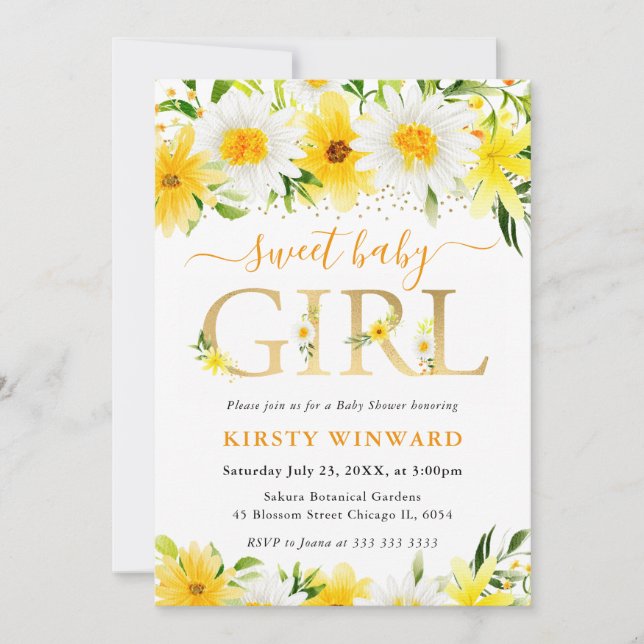Watercolor Yellow Summer Flowers Baby Shower Invitation (Front)