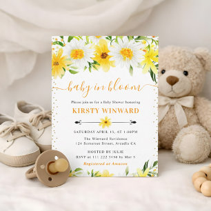 Watercolor Yellow Summer Flowers Baby Shower Invitation
