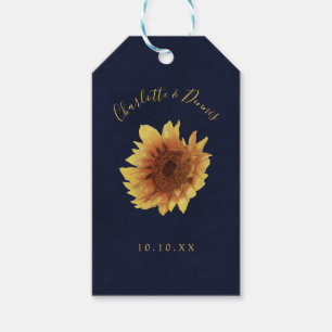 Watercolor yellow sunflower and navy blue wedding gift tags