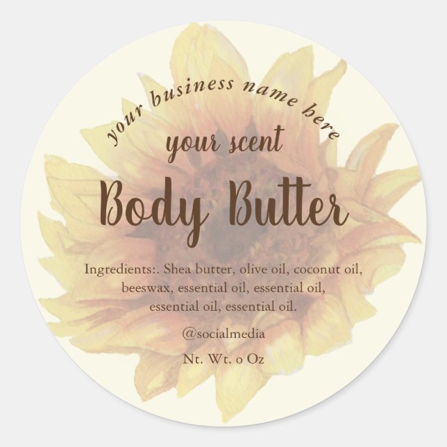 Watercolor yellow sunflower body butter classic round sticker (Front)