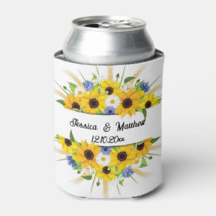 Watercolor yellow sunflower floral nature Weddings Can Cooler