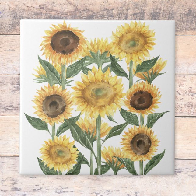 Watercolor Yellow Sunflower Floral Tile (Close up)