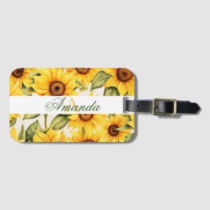 Watercolor Yellow Sunflower Leaf Pattern Monogram Luggage Tag