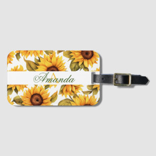 Watercolor Yellow Sunflower Leaves with Name Luggage Tag