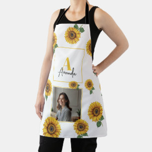 Watercolor Yellow Sunflower Monogram Mom Apron