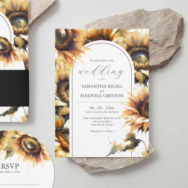 Watercolor Yellow Sunflower Wedding Invitations (Stacked wedding invitations rustic watercolor sunflower design by Do Tell A Belle.)