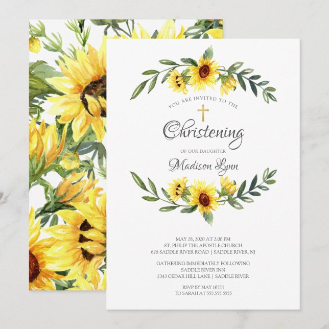 Watercolor Yellow Sunflowers Christening Invitation (Front/Back)