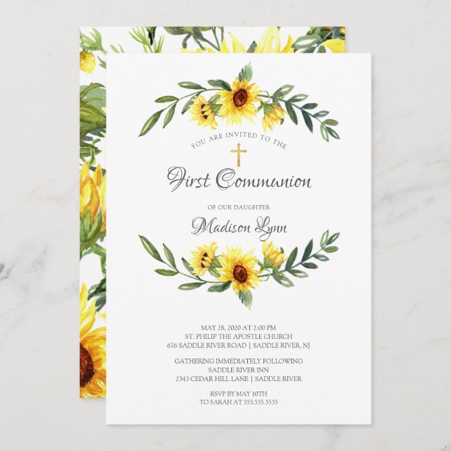 Watercolor Yellow Sunflowers First Communion Invitation (Front/Back)