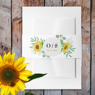 Watercolor Yellow Sunflowers Monogram Wedding Invitation Belly Band