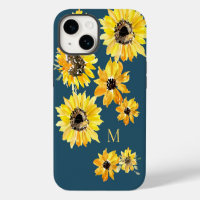 Watercolor yellow sunflowers on blue Monogram