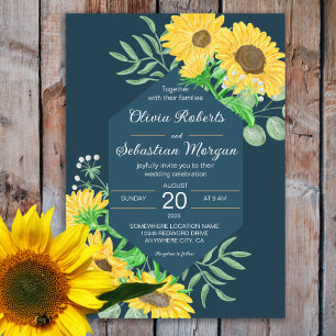 Watercolor Yellow Sunflowers on Navy Blue Wedding Invitation