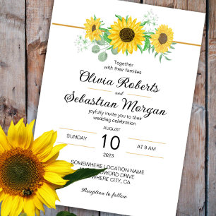 Watercolor yellow sunflowers wedding invitation