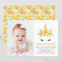 Watercolor Yellow Unicorn Floral First Birthday