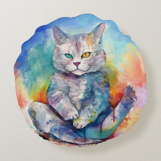 Watercolor Yoga Cat II Round Pillow (Back)