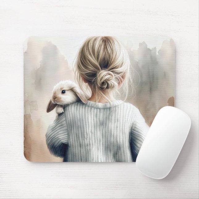 Watercolor Young Girl With Pet Rabbit Mouse Pad (With Mouse)
