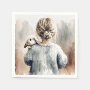 Watercolor Young Girl With Pet Rabbit Napkin