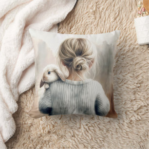 Watercolor Young Girl With Pet Rabbit Throw Pillow